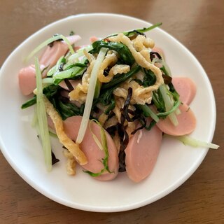 油揚げ・水菜・魚肉ソーセージの塩昆布炒め